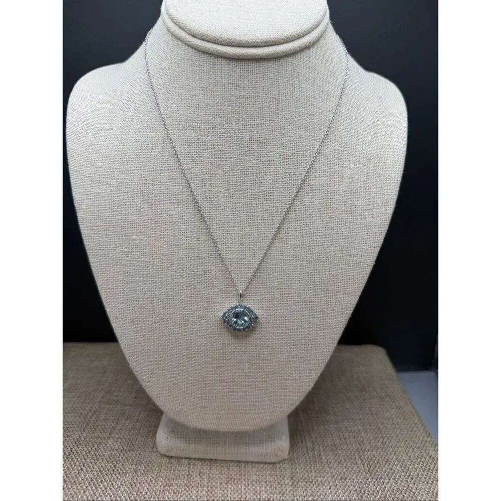 Sterling Silver Evil Eye Necklace with Aqua Crystal Center & Pavé Halo